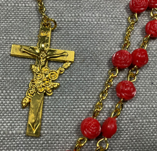Vintage Rosary St Therese Of Lisieux Red Flower Beads Cross Christian H72 - Afbeelding 1 van 4