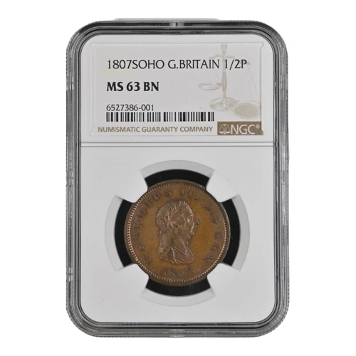 Great Britain 1807-SOHO 1/2 Penny NGC MS-63 Brown Uncirculated George III LL