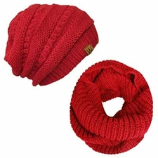 Wrapables Winter Warm Knitted Infinity Scarf and Beanie Hat Set, Red