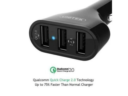 Cargador de Coche Inteligente UNITEK, QC 3.0, 42W, 3 Puertos, Adaptador USB/Cable Micro USB Foto 2 de 4