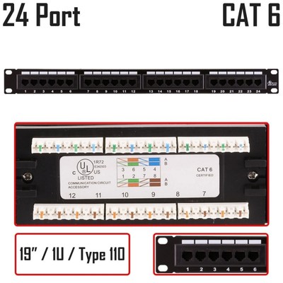 24-Port Cat6 Patch Panel RJ-45 19'' 1U LAN Networking Type 110 568 A/B Rackmount