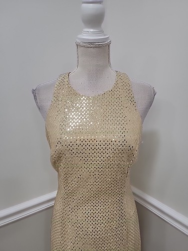 VTG Y2K Roberta Gold Metallic Sequins Halter Maxi Dress/Front Slit - Picture 4 of 12