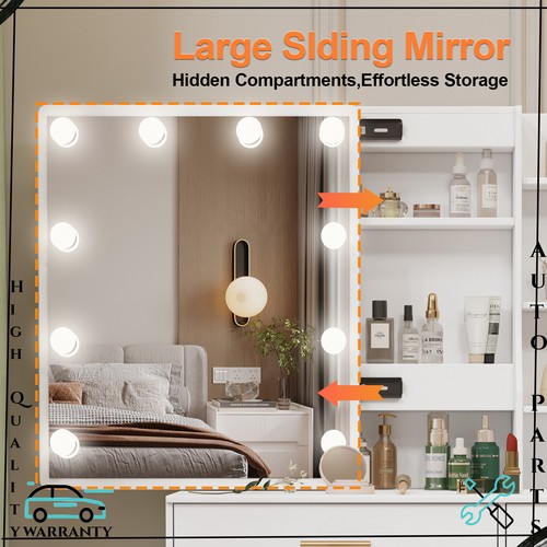 Dressing Table with Hollywood LED Sliable Mirror White Vanity Desk Set 4 Drawers - Picture 9 of 10