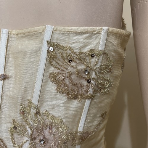 Women Ivory Polyester Ball Gown Open Lace Beaded Corset Layered Skirt Size 8 Set - Picture 19 of 23
