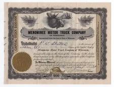 Menominee Motor Truck Co. of Wisconsin Stock Certificate w/Moose vignette