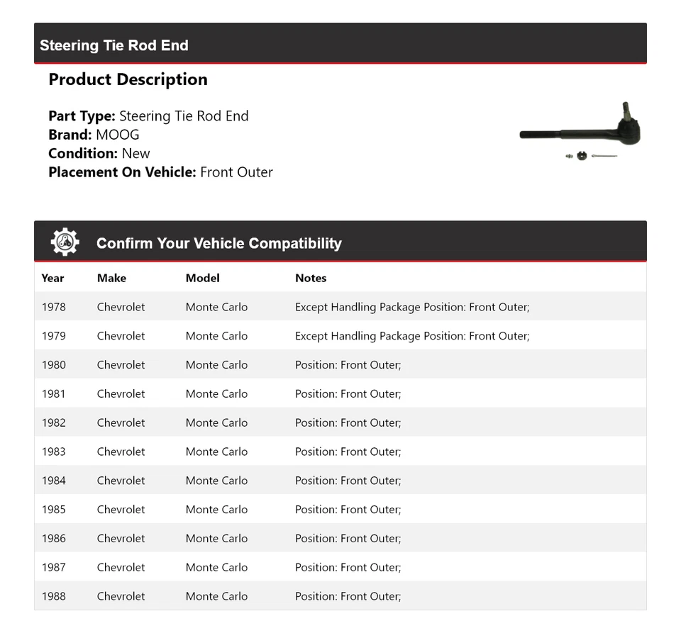 Extremo de barra de dirección exterior delantero MOOG 1978-1988 Chevrolet Monte Carlo Foto 2 de 4