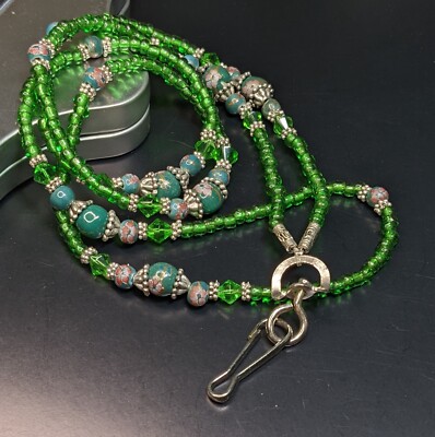 Beaded Lanyard ID Badge Holder Necklace Green 36'' Neutral 