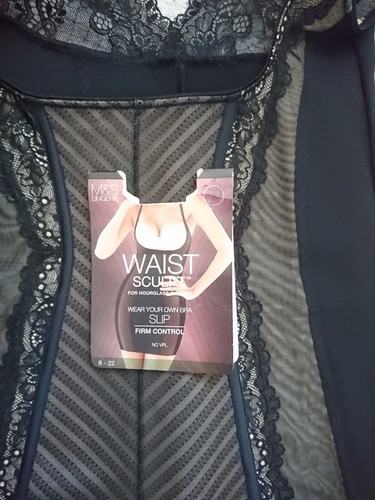 M&S WEAR YOUR OWN BRA BLACK LACE TRIM WAIST SCUPLTFIRM CONTROL SLIP 14 BNWT - Picture 2 of 7