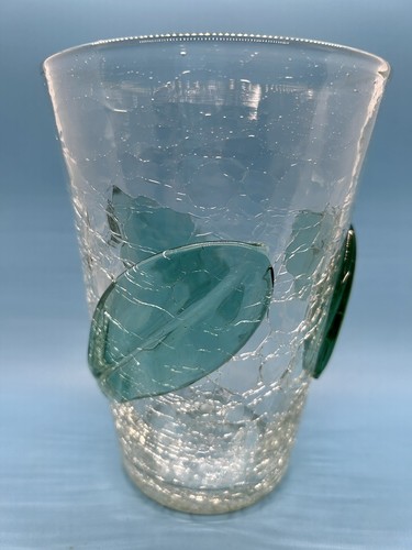 Antique/Vintage Flip Blenko Crackle Glass Vase Green Applied Green Leaves - 7” - Picture 15 of 17