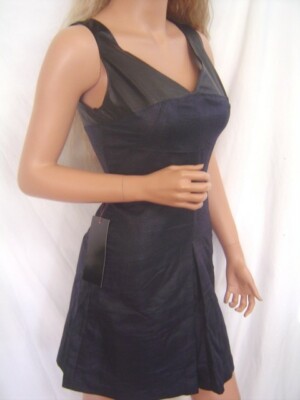 New BEBE Black LEATHER Trim Nave Pleated Skirt Dress XXS S
