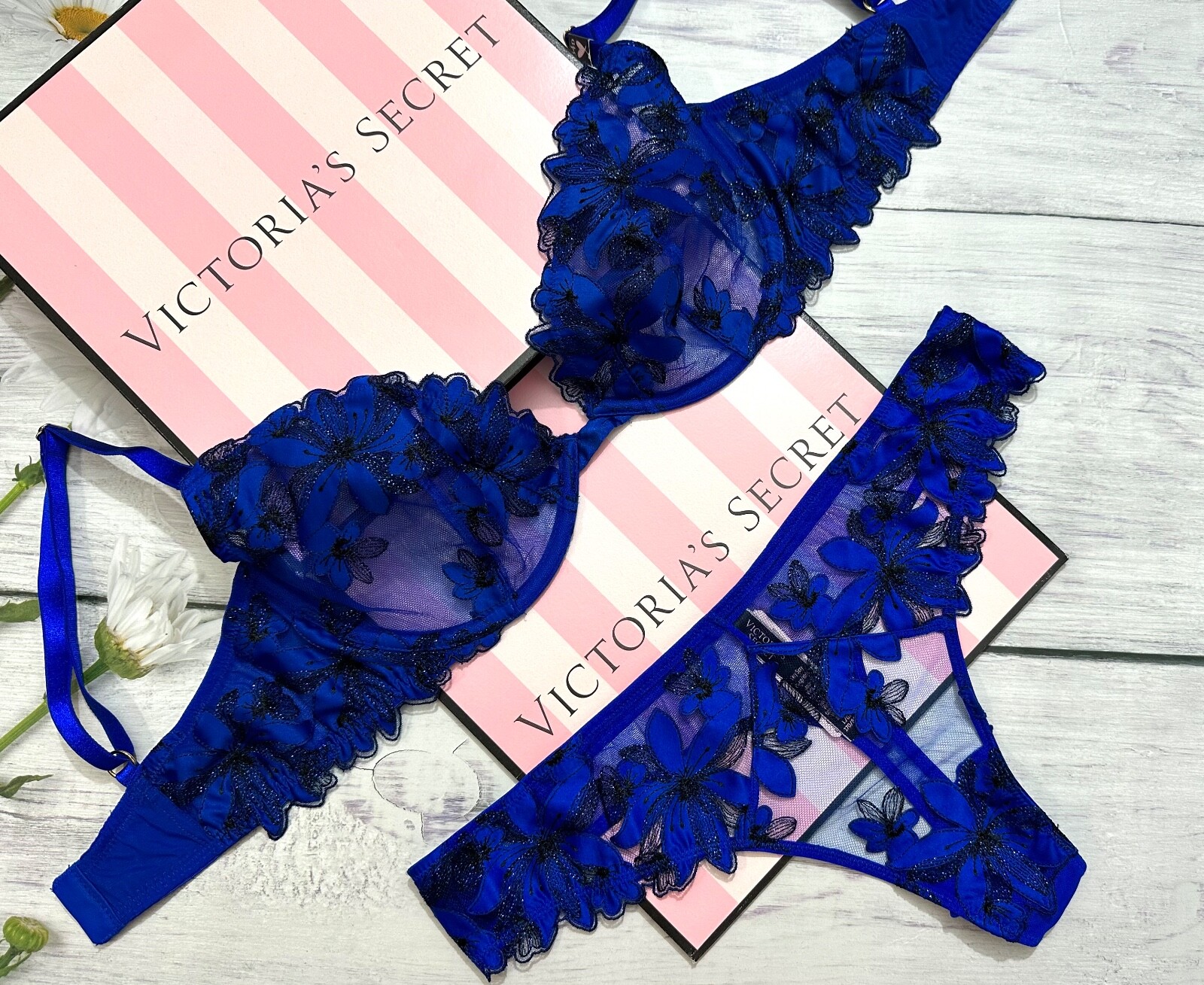 Victoria's Secret LUXE Unlined Floral Embroidered Demi Bra Thong Set Blue  Oar