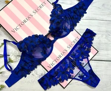 Victoria's Secret LUXE Unlined Floral Embroidered Demi Bra Thong Set Blue Oar