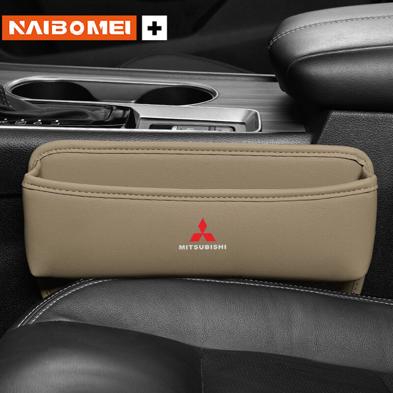 Car Seat Gap Filler Storage Box Organizer for Mitsubishi Beige PU Leather