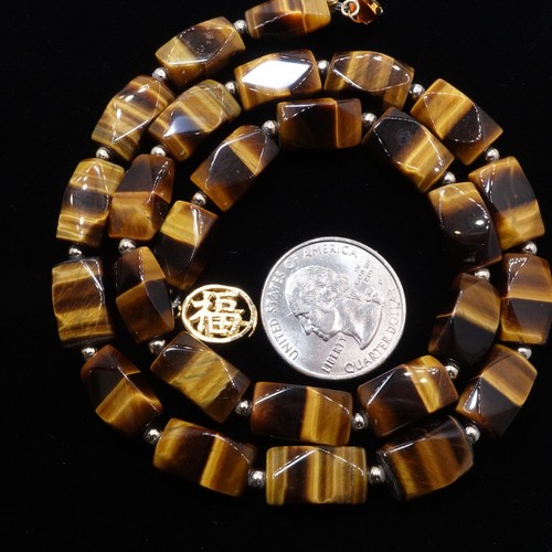 Yellow Gold Plated Good Luck Chinese Clasp Tiger's Eye Beaded Necklace 18.5" - Picture 3 of 5