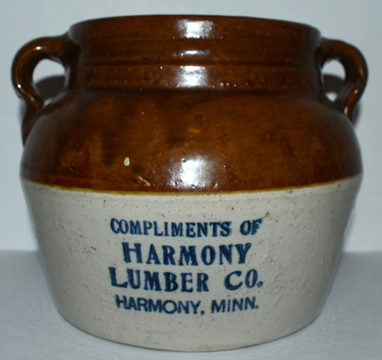 Vintage HARMONY MN LUMBER CO Advertising Stoneware Beanpot eBay