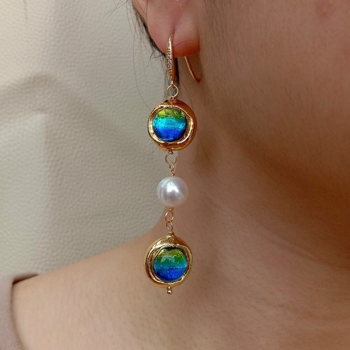Freshwater Cultured White Keshi Pearl Blue Murano Glass DangleHook Earrings - Picture 4 of 6