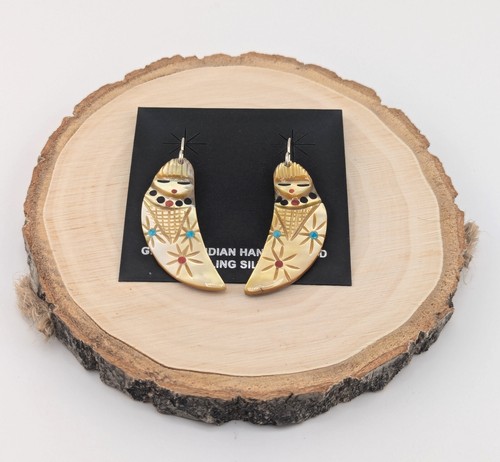 Zuni Corn Maiden Yellow Shell Kachina Dangle Earrings Handmade Southwest Jewelry - Picture 7 of 10