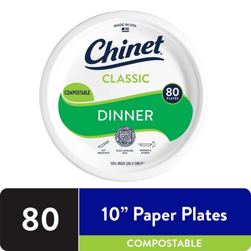 10 3/8", White, 80 Count,Chinet Classic Premium Disposable Paper Dinner Plates