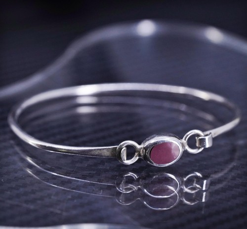 7”, Mexican sterling silver 925 hinged bangle, bracelet with red jasper inlay