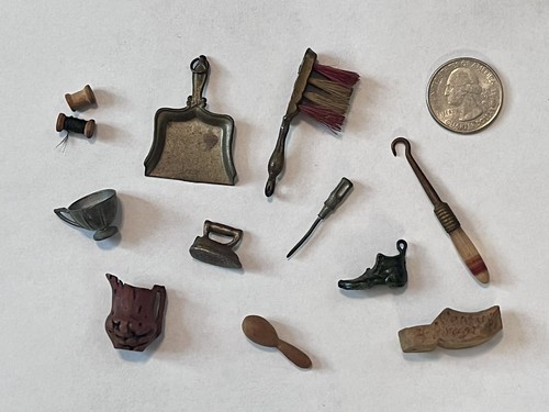 Antique Miniatures Brass Metal Wood Dust Pan Cup Iron Tools Spools Shoes Germany