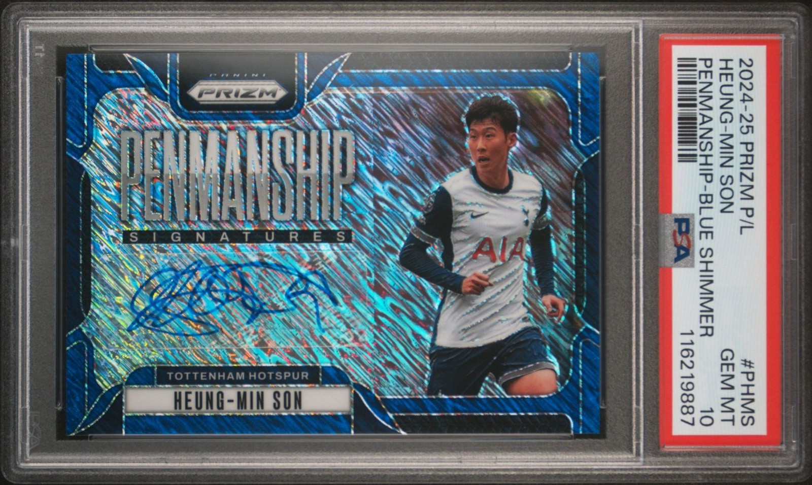 2024-25 Prizm Premier League Heung-min Son Penmanship Blue Shimmer Auto PSA 10