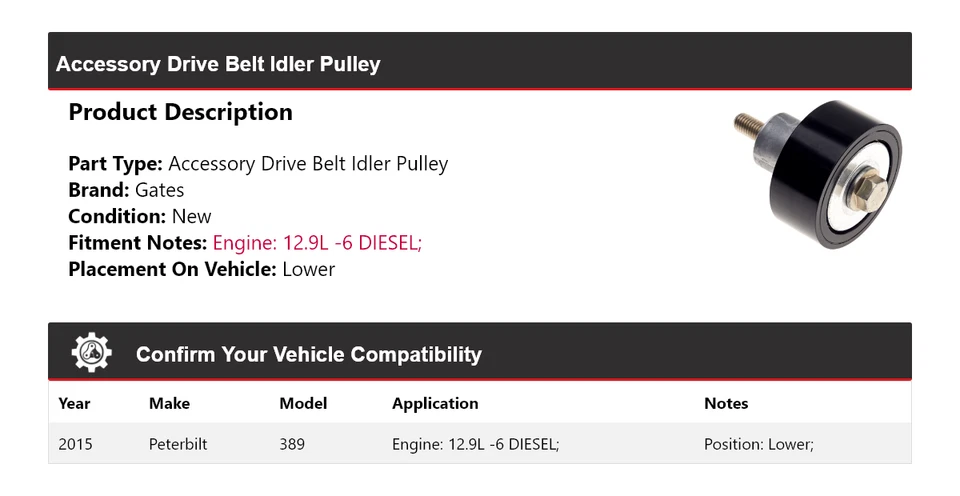 Para Peterbilt 389 2015 12,9 L -6 correa de transmisión diésel polea loca puertas inferiores Foto 2 de 4