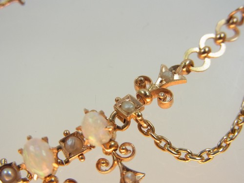 Antique Art Nouveau Precious Opal Necklace 585 RG with Pearls & Ruby Fine Floral 1910 - Picture 6 of 24