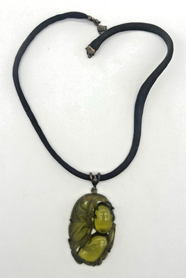 Extasia Carved Green Glass Pendant Necklace, Signed