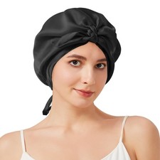 Mulberry Silk Bonnet for Sleeping, 22 Momme Grade-6A Double Medium, Black