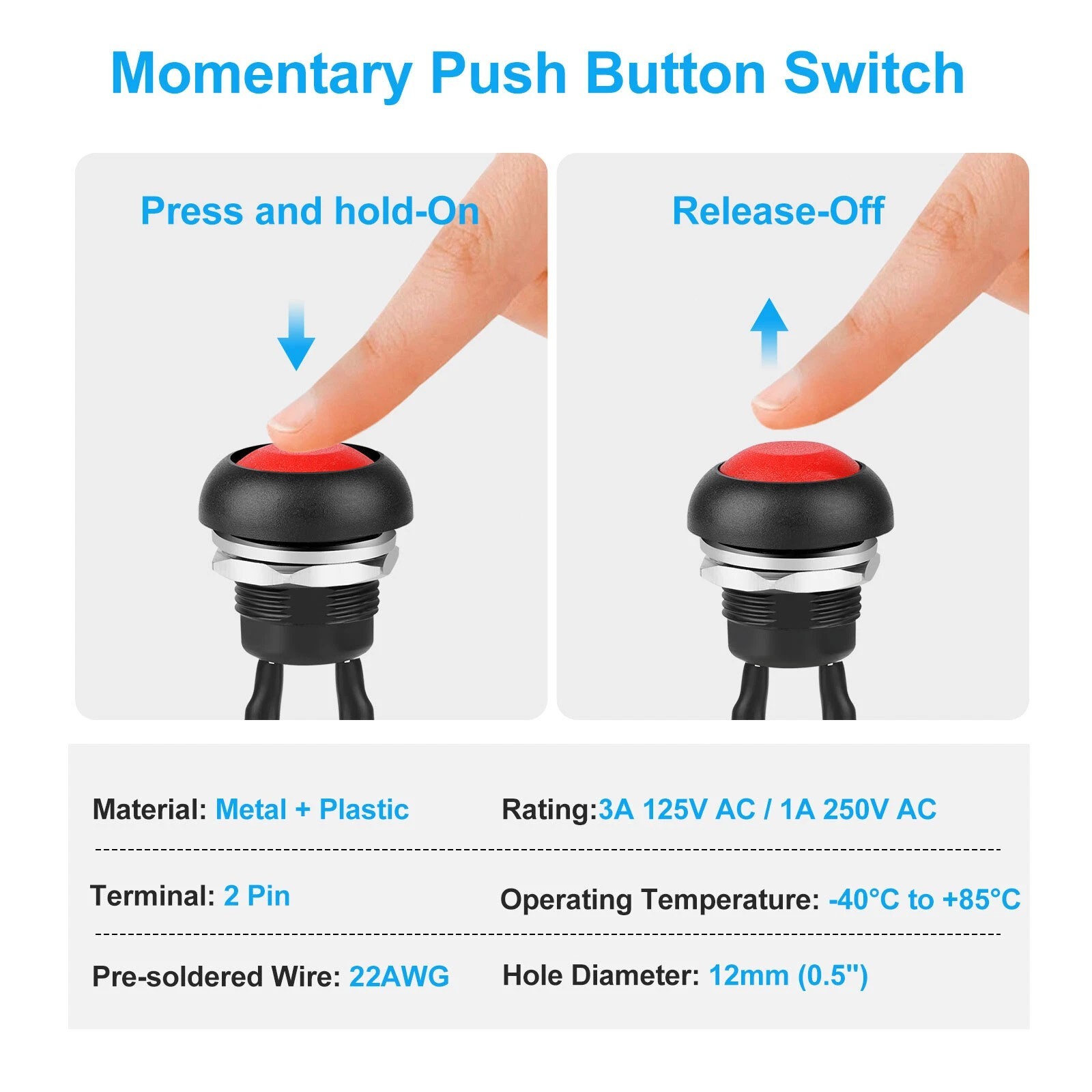 10pcs SPST 12mm Momentary Push Button Switch Waterproof 2 Pin 250V w/ Pre-Wired