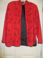 Vintage Chico's Brand Size 1 100 SILK RED JACKET Black EMBroidery Mint Condtin