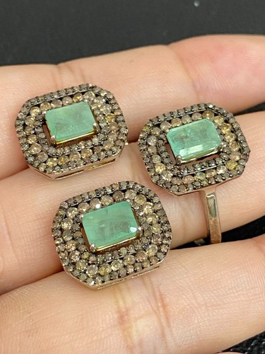 NATURAL EMERALD 7X5 NATURAL DIAMOND STERLING SILVER 925 RING EARRING - 第 3/13 張圖片
