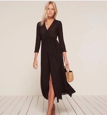 Reformation Tessa Black Long Sleeved Wrap Midi Dress Size Extra Small