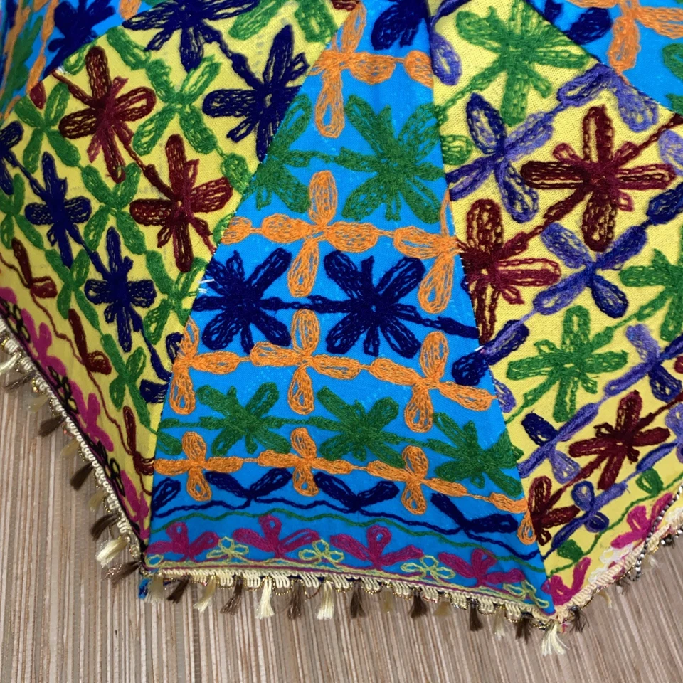 Guarda-sol bordado boho sombra sol cabo de madeira franja colorida - Imagem 3 de 4