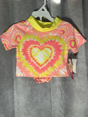 Penelope Mack Girl's 3T 2 Pc Short Sleeve Rash Guard Tankini Swimsuit Pink Heart