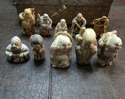 Japanese Netsuke Hand Carved Figurines Lot of 10 Miniature Figures