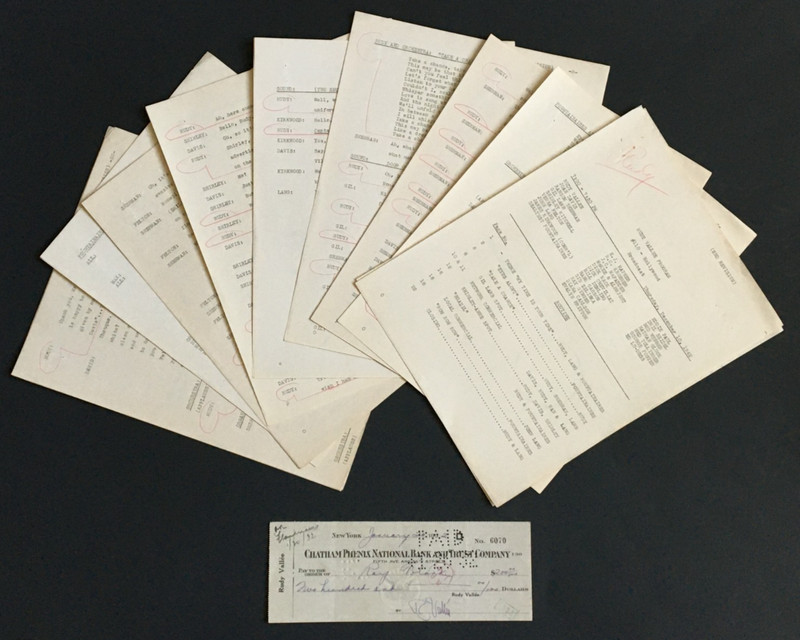RUDY VALLEE RANSOM SHERMAN VERNA FELTON 1942 RADIO SHOW SCRIPT w/ SIGNED CHECK