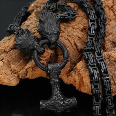 Nordische Wikinger Thor Hammer Mjolnir Anhänger Edelstahl Wolf Kette Halskette