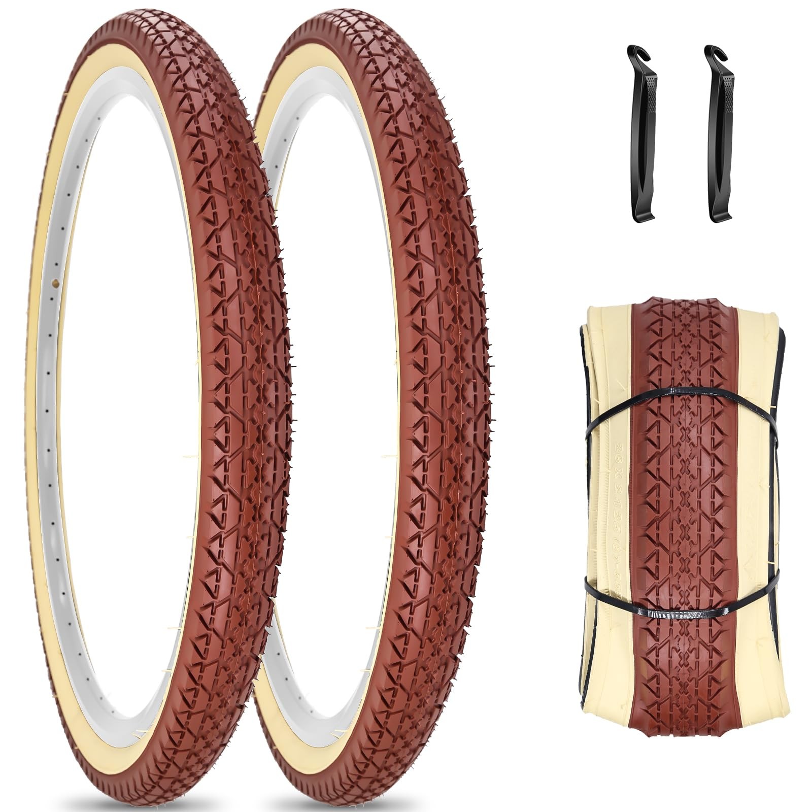 SIMEIQI 1 or 2 Pack 26x2.125 Beach Cruiser Bike Tires and Tubes Brown Cream W...