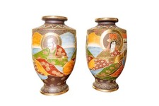 Antique pair of Japanese Satsuma Moriage Pottery Vases Hand Painted 12 Inches