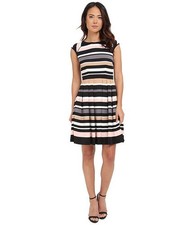 VINCE CAMUTO Pleated Stripe Fit & Flare Cap Sleeve Dress w/Pockets (12) NWT $148