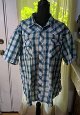 Wrangler Wrancher Shirts Blue, White Plaid Short Sleeve Pearl Snap, Mens XL