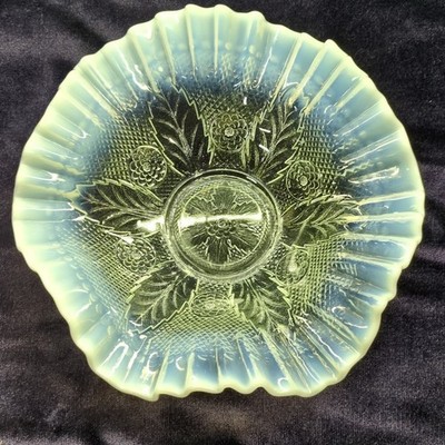 Unmarked Blue White Opalescent Glass Floral Pattern Round Serving Bowl