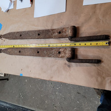 pair of antique large iron starp hinges hand forged 25" long, with pintles