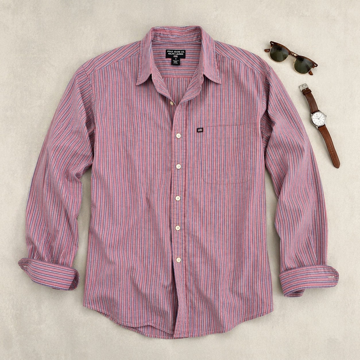 Polo Jeans Co. Ralph Lauren Vintage Red Striped Button Shirt Mens Size Medium