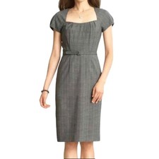 Banana Republic Gray Plaid Sheath Knee Length Dress Women's 12P Petite Wool