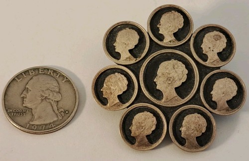 Broche prendedor vintage antiguo hecho a mano reina Isabel I ornamentado monedas de 1,85" cierre en C - Imagen 3 de 9