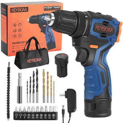 12V MAX Brushless Cordless Drill Set 3/8 Inch Keyless Chuck 2 Batteries 20 PCS