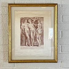 FRAMED The Three Graces Vintage Dry Point Etching on SILK