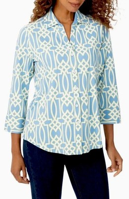 Foxcroft NYC Women s Sz S Blue Mary Geometric Jerse Shirt Easy Care Knit Stretch